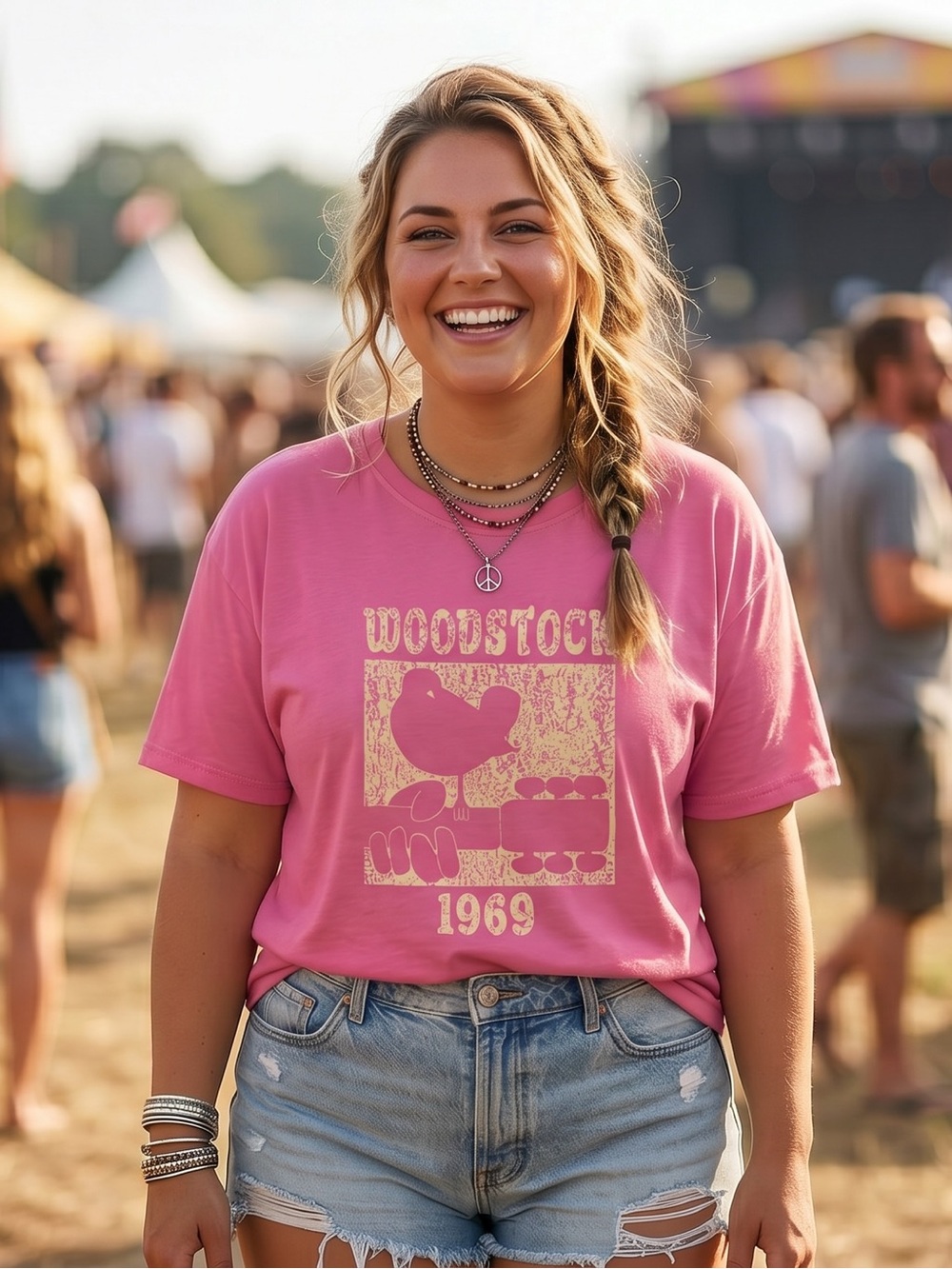Woodstock 1969 Festival Hot Pink Graphic Tee T Shirt Boho Hippie